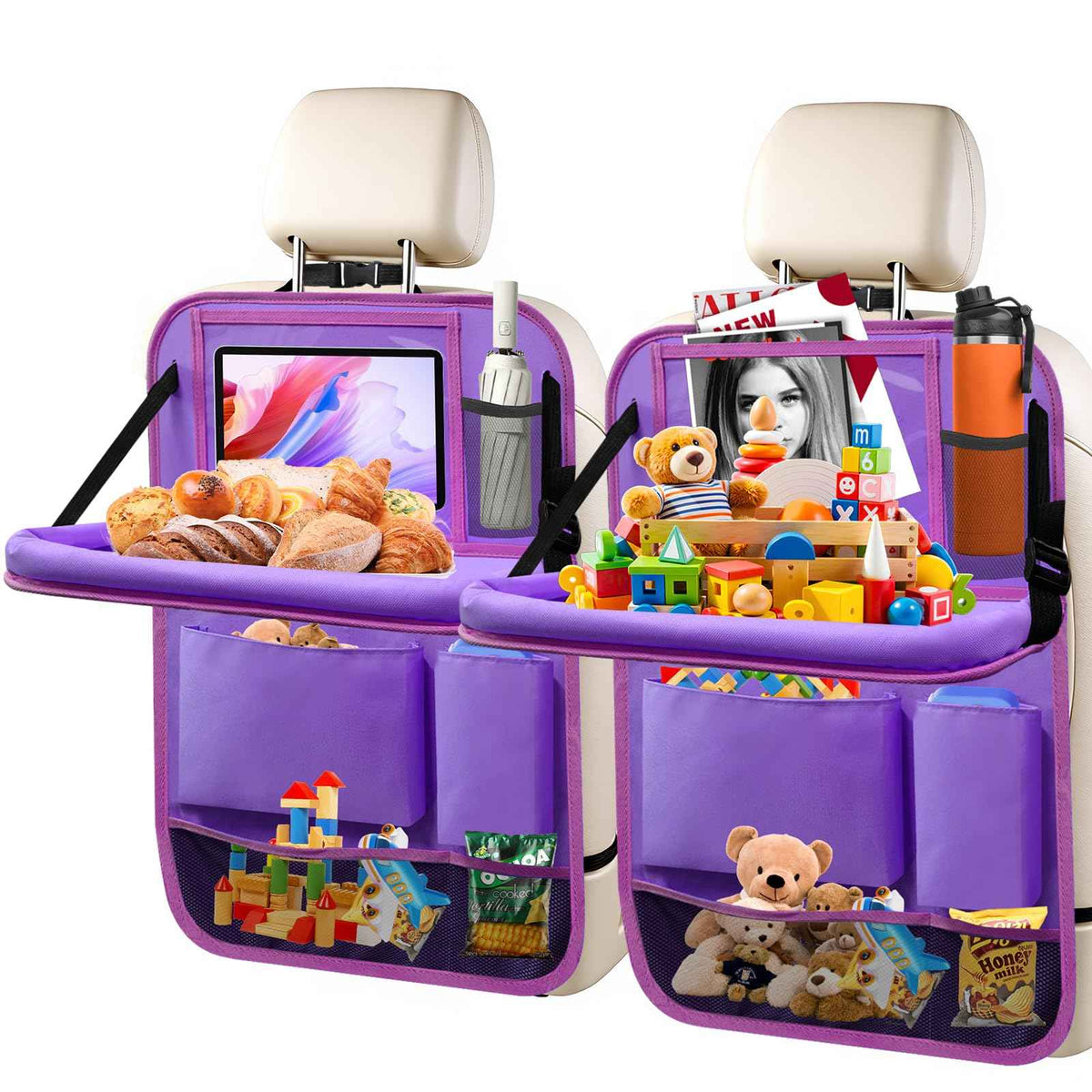 2 Pack Car Backseat Organizer with Foldable Table Tray Purple (Purple / 2 Pack with Food Tray)