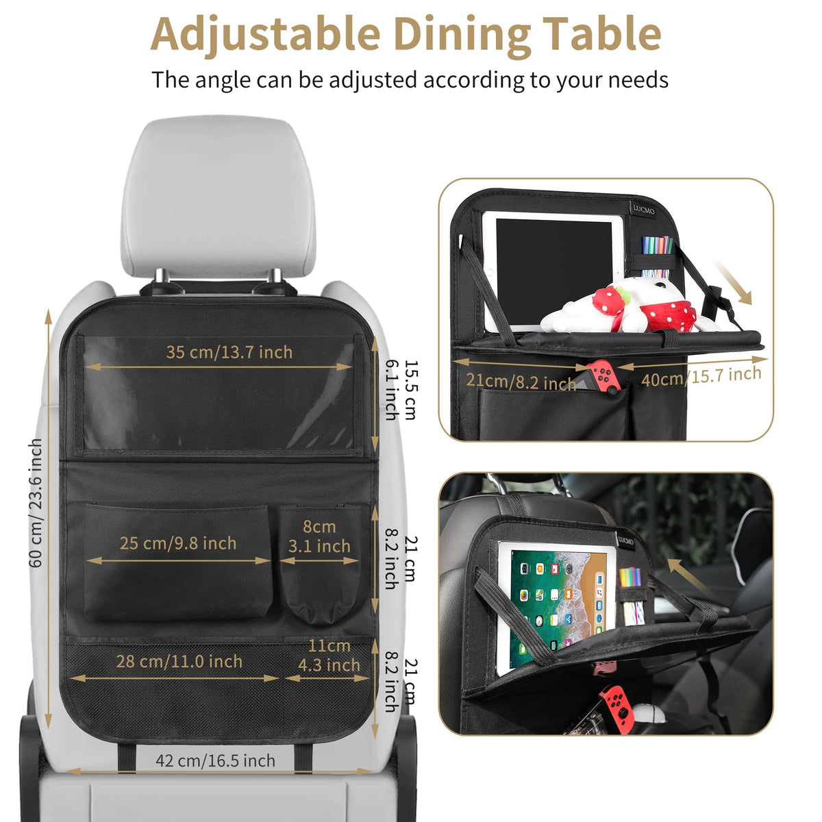Car Backseat Organizer with Foldable Tablet Holder (Black-2 / 1 Pack with Food Tray)