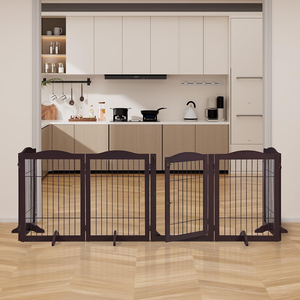 132" Extra Wide Dog Gate and Pet Playpen with Walk Through Door (Espresso / 132"W×31.5"H)