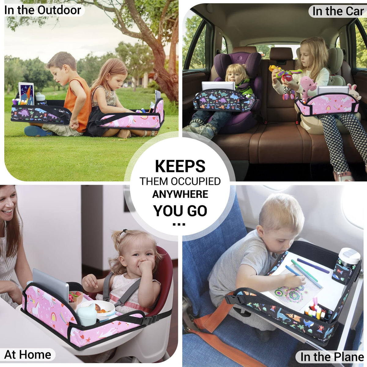 2PCS Kids Travel Tray for Toddler Car Seat (Dinosaur & Pink Unicorn)