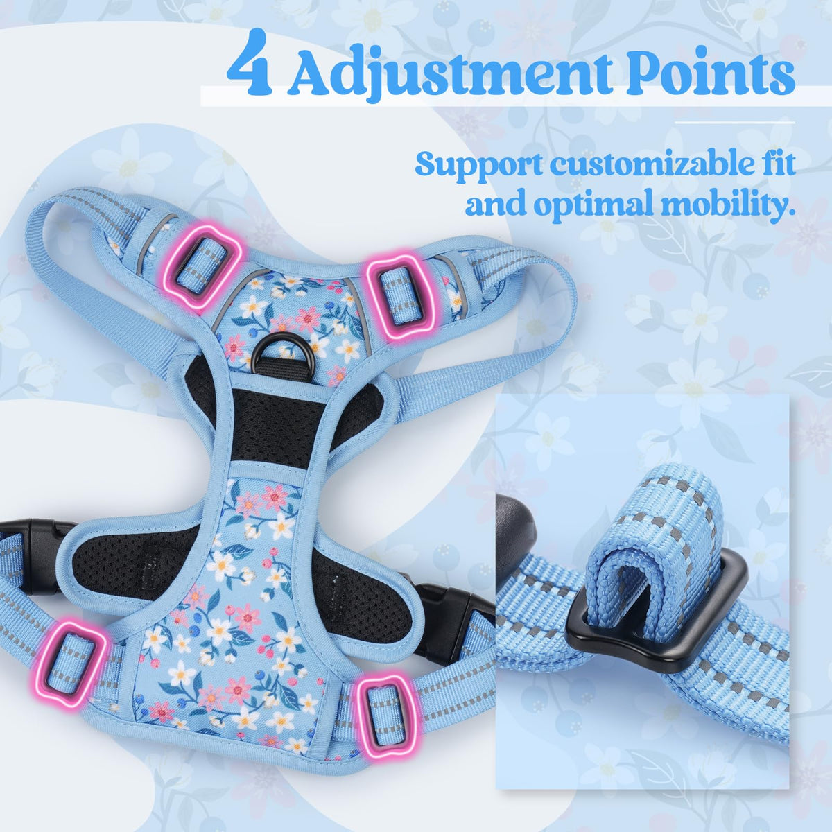 Dog Harness No Pull for Large Dogs with 2 Leash Clips (Large / Blue Floral)