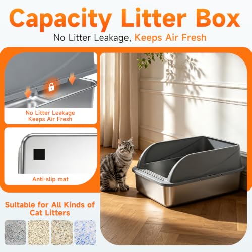 Stainless Steel High Sided Cat Litter Box with Scoop M (DeepGrey M)