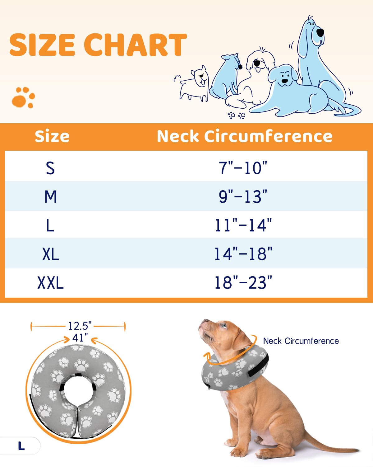 Inflatable Dog Cone Collar Alternative After Surgery (T Paw Grey / L(Neck 12"-16"))