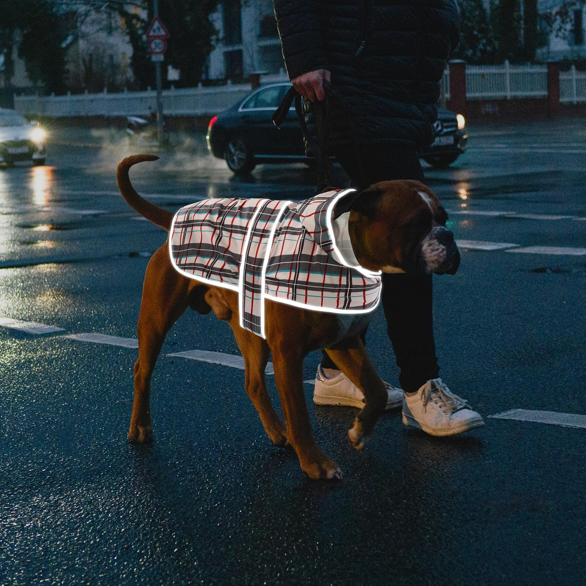 Dog Raincoat for Large Dogs Waterproof Jacket Hooded Rain Coats with Reflective Strips Leash Hole & Poncho Adjustable Fit (Khaki Plaid / Large)