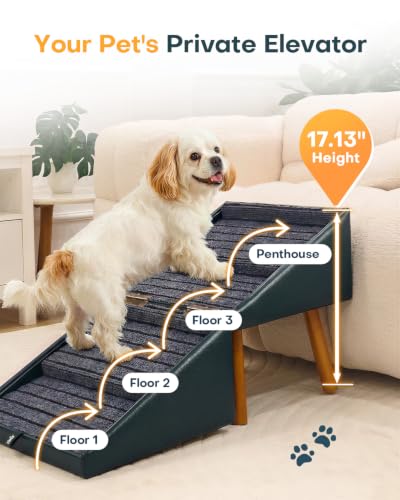 Foldable Dog Ramp for Couch Ottoman Artificial Leather Dog Stairs (Ink Blue / XL(17.13”H))