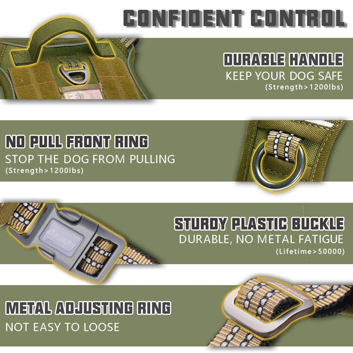 Tactical Dog Harness for Large Dogs (Green / XL(Neck:20-31",Chest:26-42"),75-135 lbs)