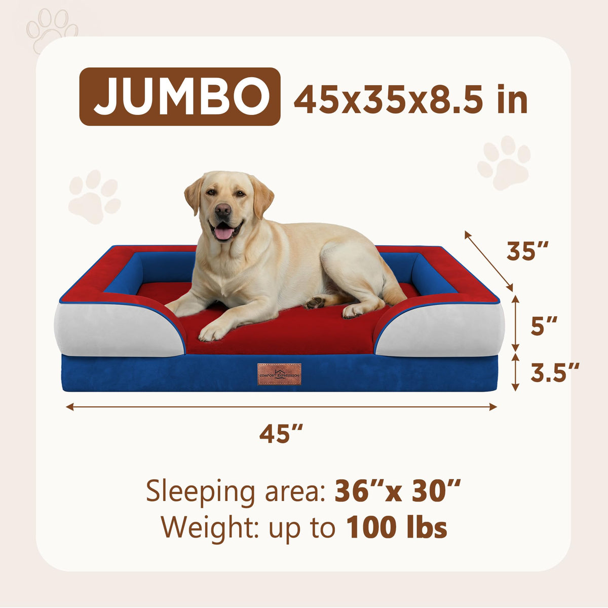 Orthopedic Dog Bed for Extra Large Dogs with Bolster (45.0"L x 35.0"W x 8.5"Th / Primary Tri-Color)