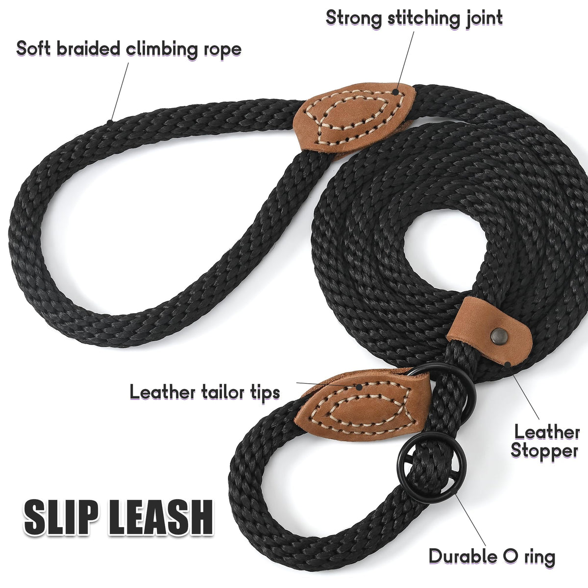 Heavy Duty Slip Lead No Pull Leash w Leather (Jet Black / 4 Feet)