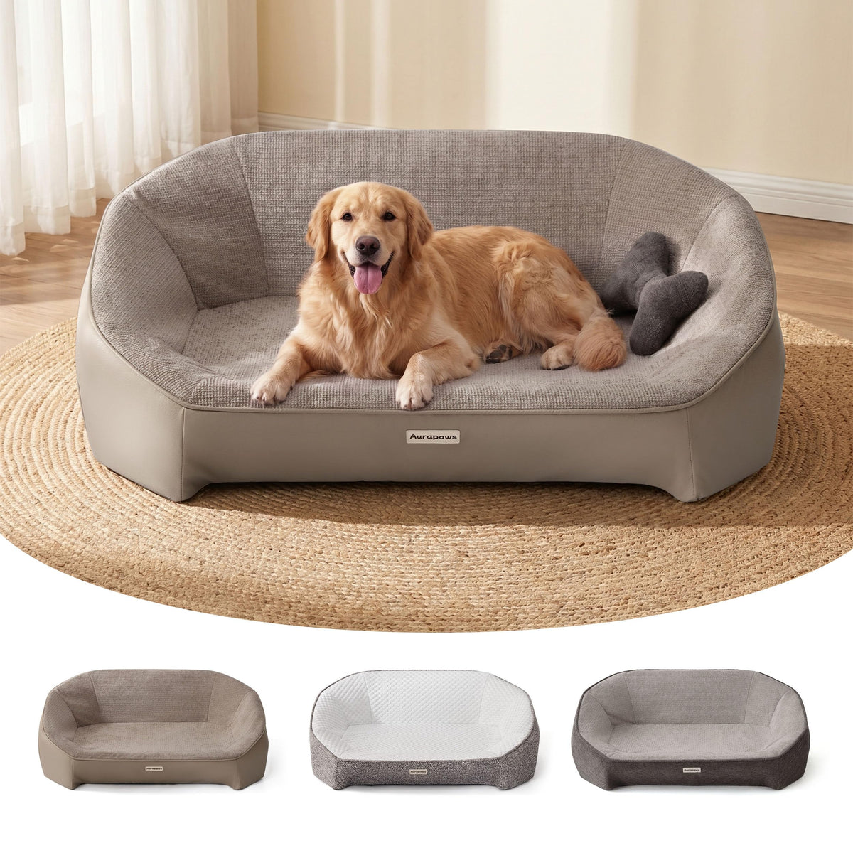 Dog Bed for Large Sized Dog (Leather-Dark Gray-Light Gray / 42"L x 30"W x 14.6"Th)