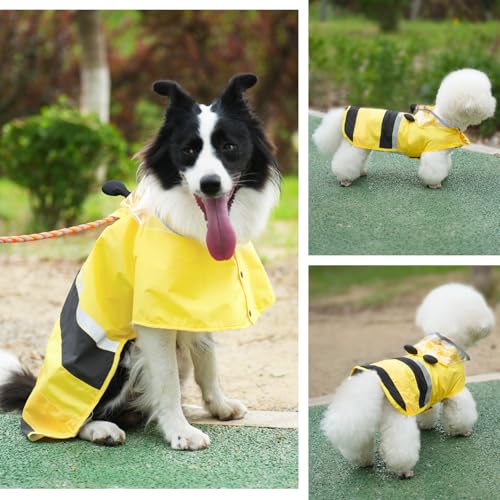 Dog Raincoat Waterproof Reflective Adjustable Hooded Dog Rain Coat with Leash Hole (Yellow Bee / Large(22-37lb))