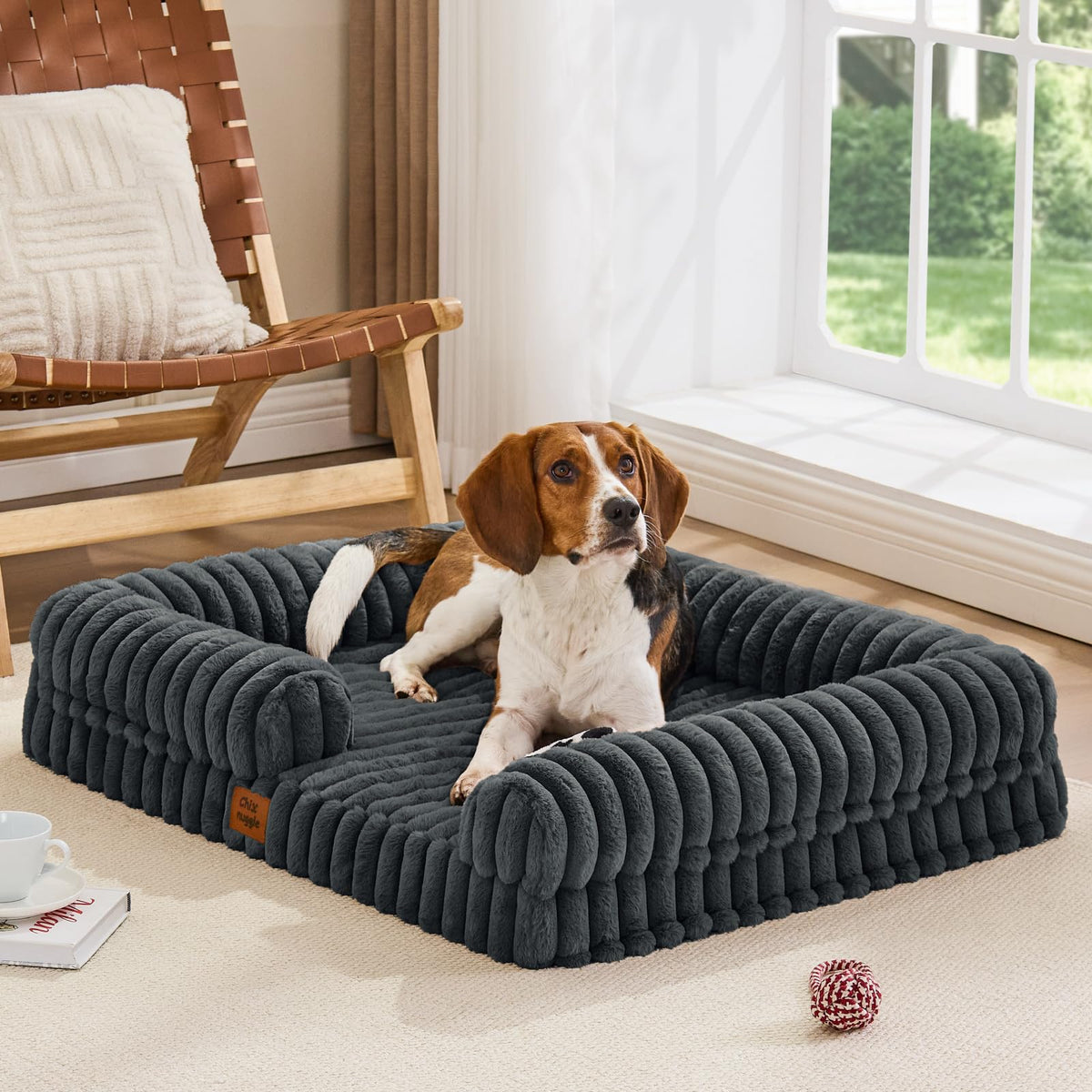Faux Fur Orthopedic Dog Bolster Bed (Rectangular Dark Grey / L(35*28*7))