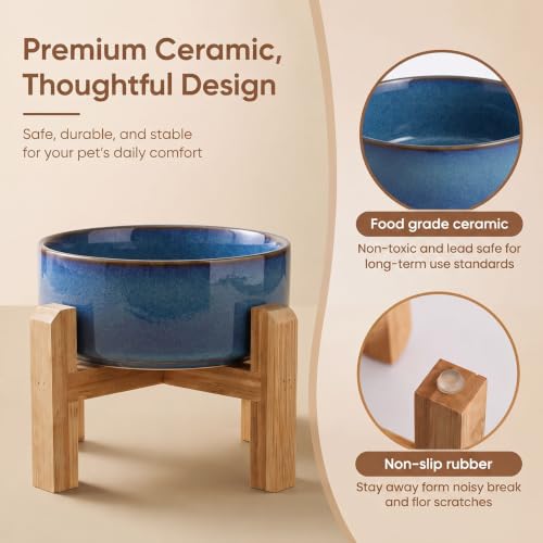 Elevated Ceramic Dog Bowl with Bamboo Stand (Deep Blue / 3.6Cup)