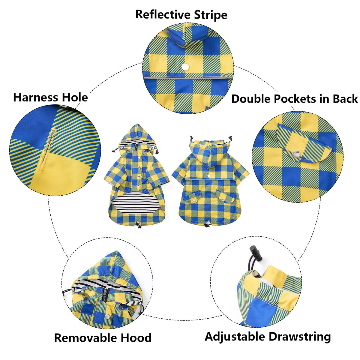Dog rain Coat Waterproof Raincoat Puppy Jacket with Legs Buttons Zipper Hood Drawstring Fit for Yorkie Terrier Schnauzer Poodle Border Collie Labrador Golden Retriever 8lbs to 80lbs Yellow S (Small / Yellow Plaid)