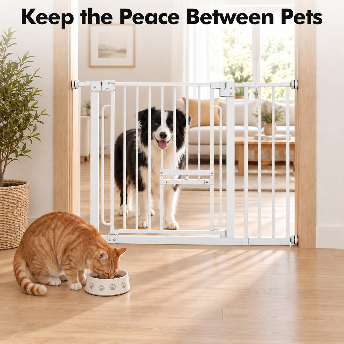 Pet Gate with Cat Door (White / 29.5-37"Wide,30"Tall)