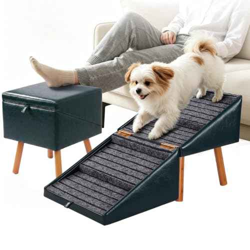 Foldable Dog Ramp for Couch Ottoman Artificial Leather Dog Stairs (Ink Blue / XL(17.13”H))
