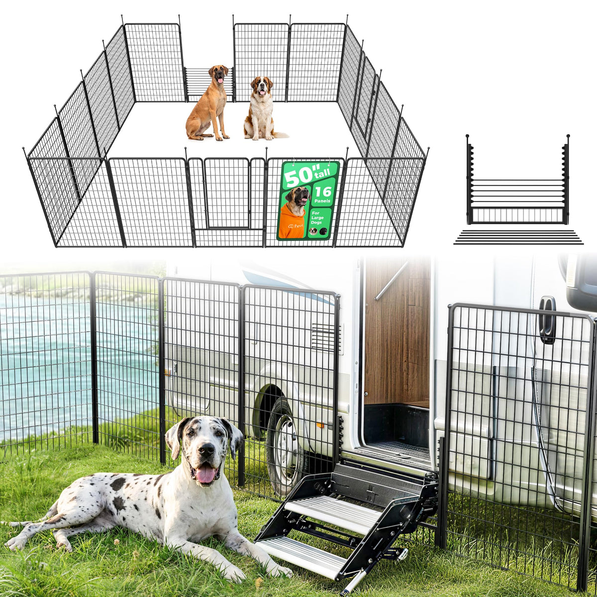 Rollick Dog Playpen with RV Step Grid for RV Camping (Black / 50"H)