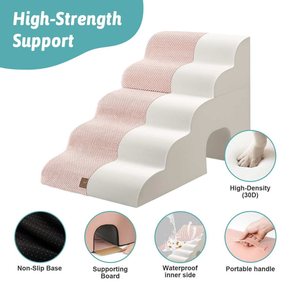 Extra Wide Small Dog Stairs with Tunnel (Pink / Detachable 19.7" x 33" x 22.4")