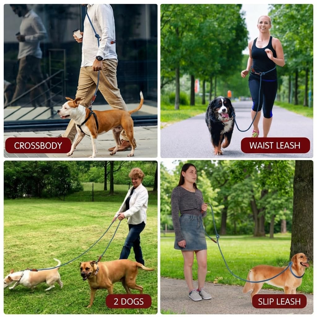 Hands Free Multifunctional Dog Leash for 1 or 2 Dogs (Winery Red)