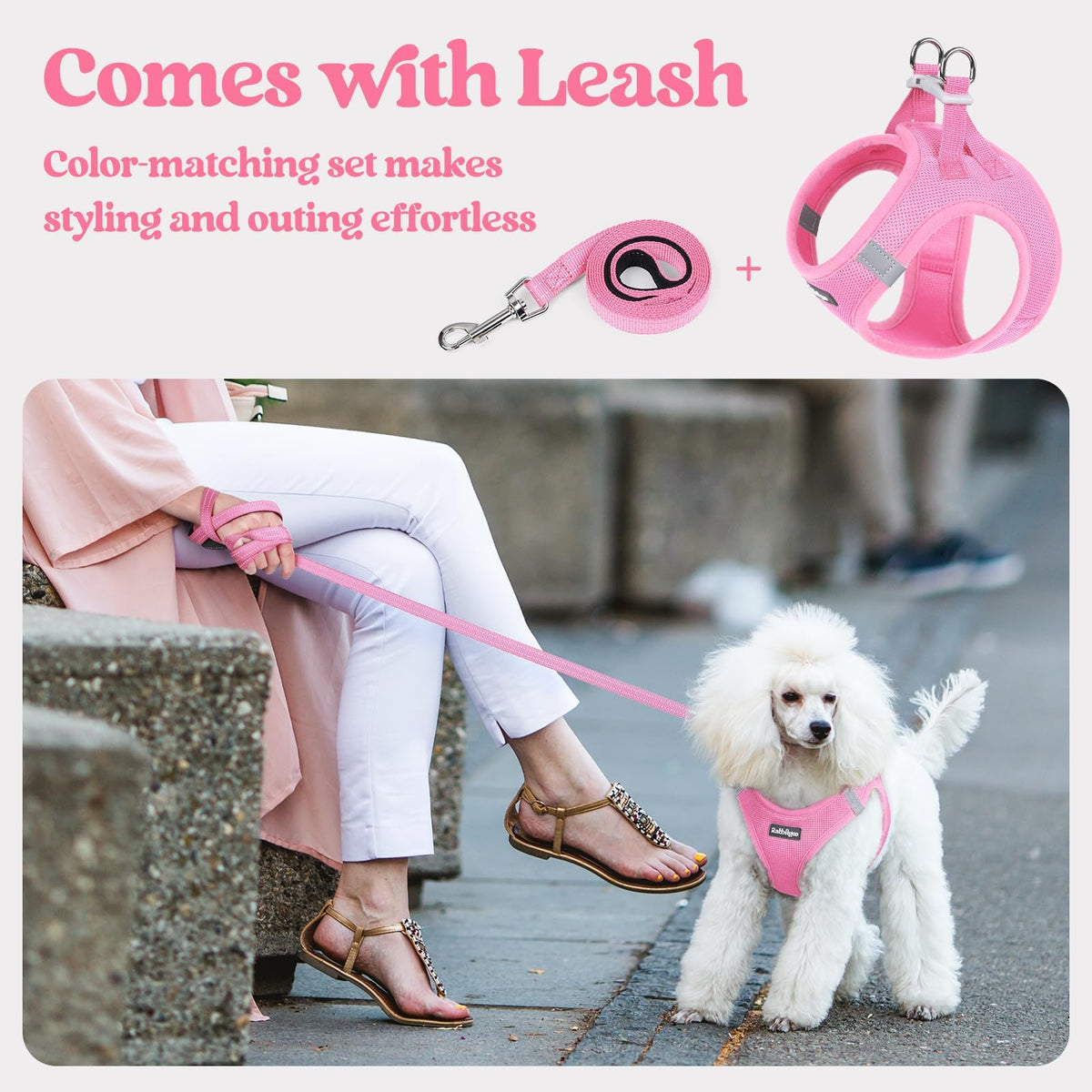 Dog Harness Medium Sized and Leash Set (Light Pink / M (chest: 16 - 18.5"))