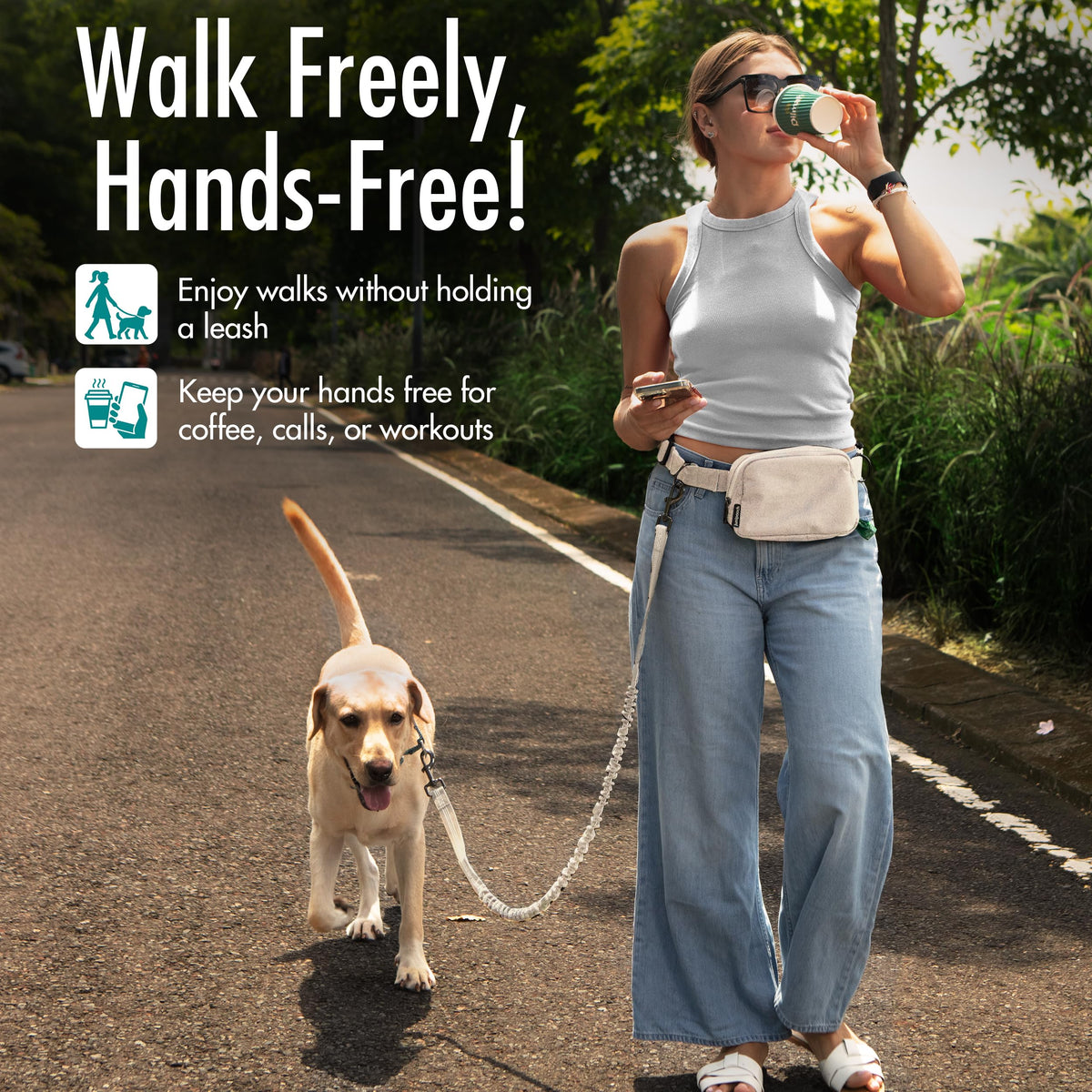 Hands Free Dog Leash with Dog Treat Pouch (Ivory)