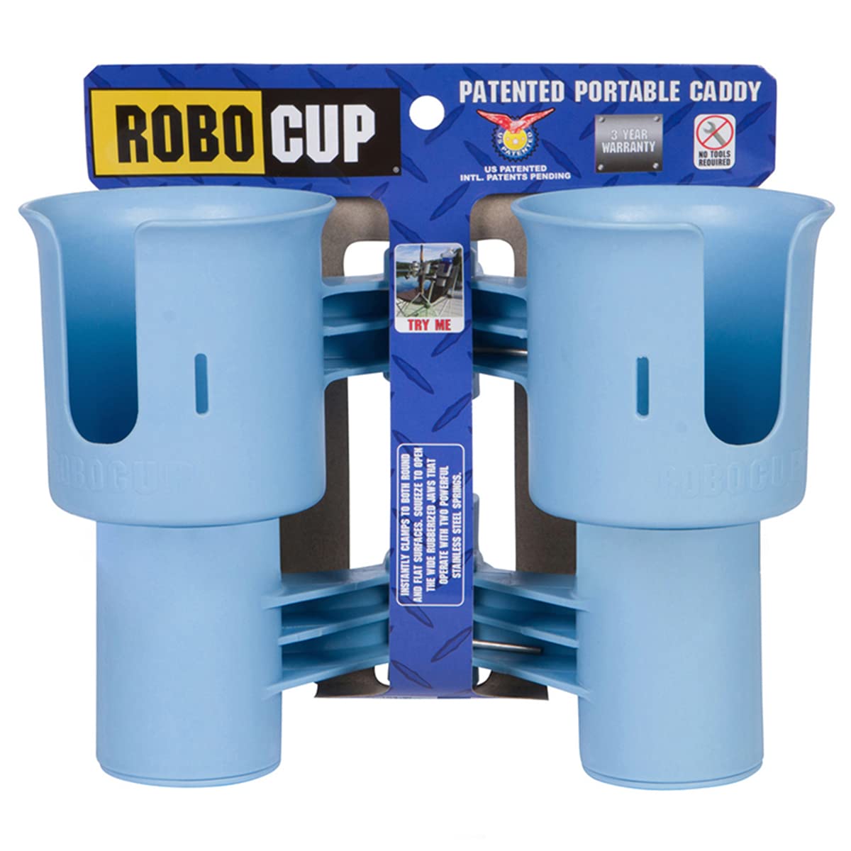 Light Blue), Patented Clamp On Boat Cup Holder |Multifunction Dual Drink Caddy for Fishing Poles, Tools, Net, Gaff |Portable Storage for Boating, Beach, Umbrellas, Golf Carts, Strollers (Light Blue / Standard Spring)