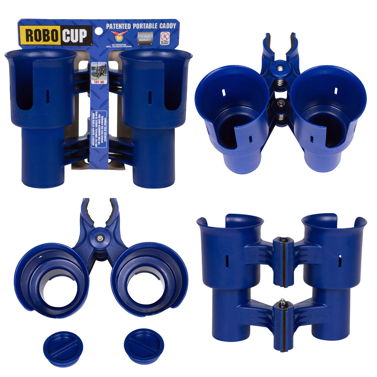 Navy), Patented Boat Cup Holder, Clamp on Portable Storage Caddy Securely Holds 2 Drinks, Fishing Poles, Tools, Marine Gear | Perfect for Boating, Beach Umbrellas, Golf Carts (Navy / Standard Spring)