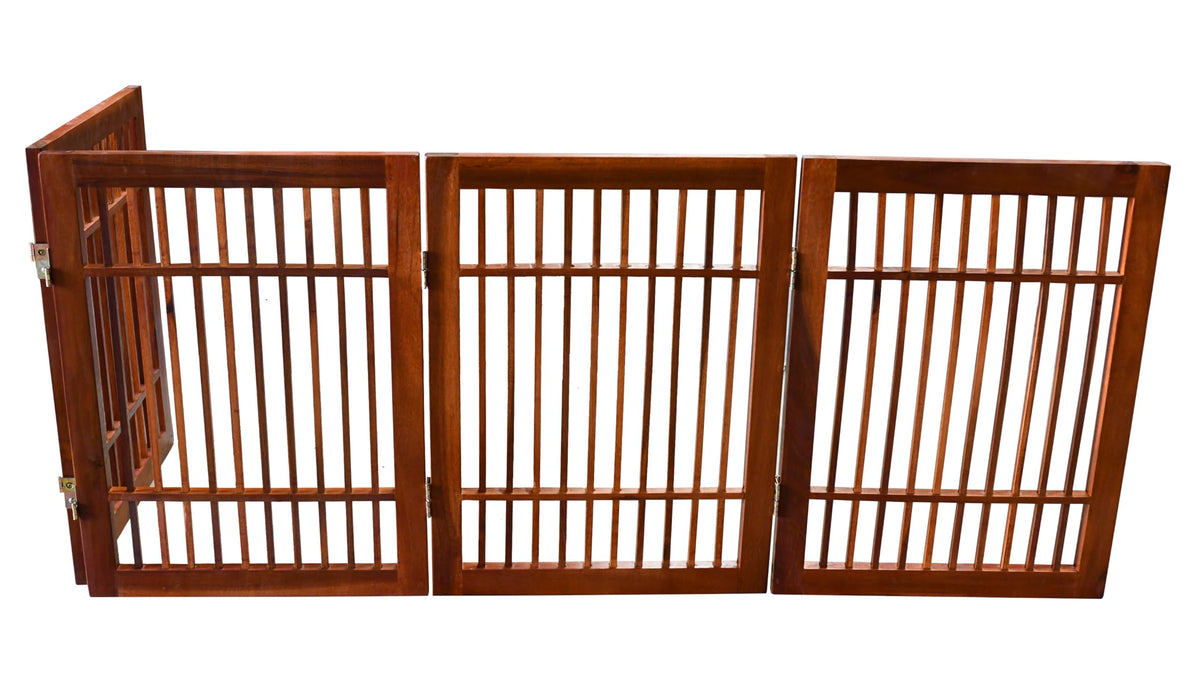 Freestanding Wooden Dog Gate Foldable Indoor Pet Gate No Drill Expandable Barrier for Doorways Stairs Hallways Portable Wood Fence for Small Dogs & Puppies (4 Panel 24" Tall / Brown Pet Gate)