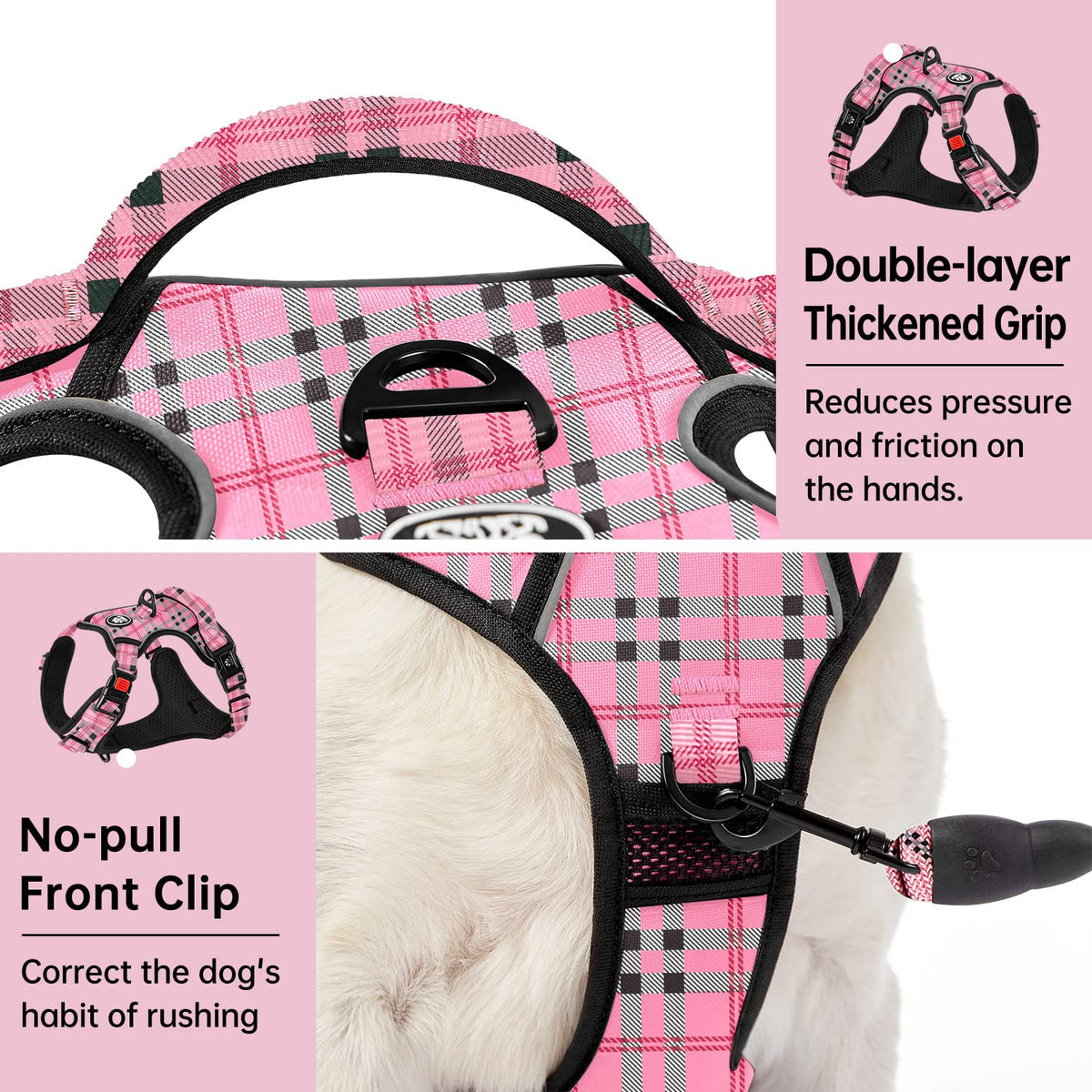 No Pull Dog Harness for Large Dogs (Checkered Pink / Large)