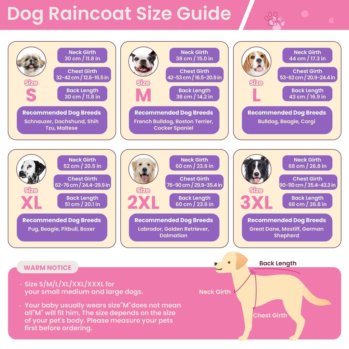 Dog Raincoat Waterproof Rain Jacket with Hood (L(Back Length16.9") / Pink Purple)