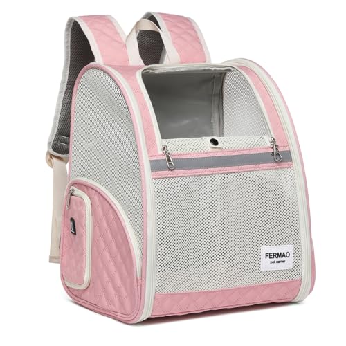 Cat Backpack Carrier for Small Dogs and Medium cat Puppy Kitten Bunny Pet Carrier Backpack Collapsible with Fully Ventilated Mesh with Safety Leash (Pink / 12.9"L x 10.62"W x 15.5"H)