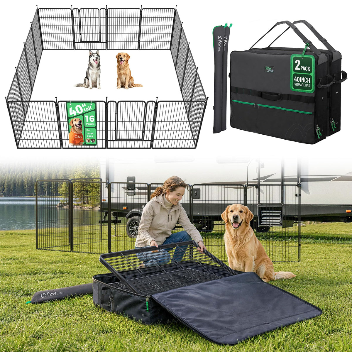 Rollick Dog Playpen with Storage Bags (Black / 40"H)