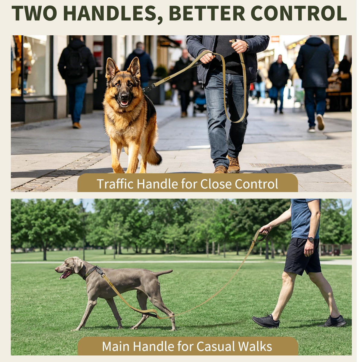 4FT Tactical Heavy Duty Dog Leash No Pull with 2 Padded Handles (Khaki / 4FT)