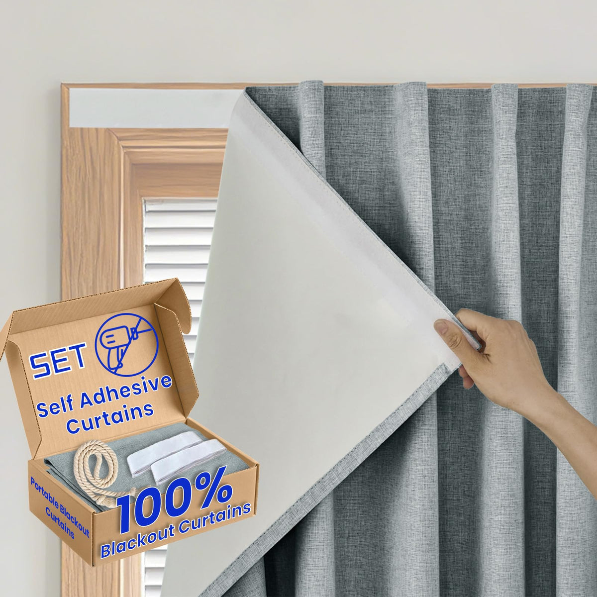 100% Blackout Magic Tape Stick On Curtains Window Shades Pull Down Blackout Window Cover No Drillng Self Adhesive Curtains No Rod Small Windows (34"W x 60"L (Pack of 1) / Light Grey)