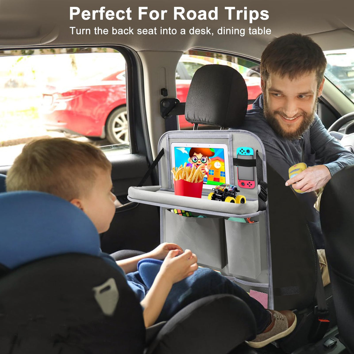 2Pack Car Backseat Organizer with Foldable Table Tray Grey (Grey / 2 Pack with Food Tray)