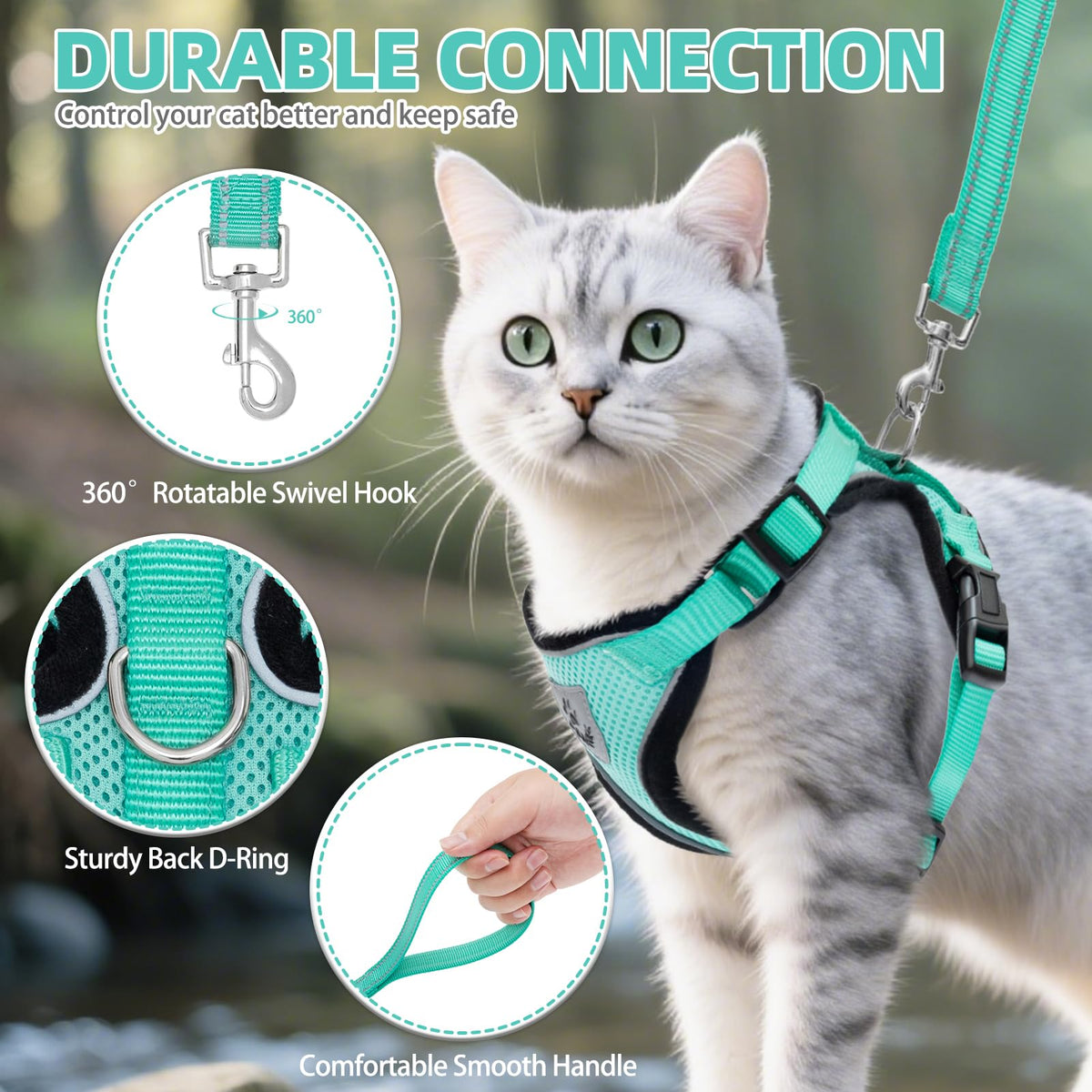 Cat Harness and Leash Set Escape Proof Reflective Cat Walking Harness Adjustable Soft Breathable Mesh Vest for Small Pets (XS (NECK 8.5", CHEST 11"-14") / Aquamarine)