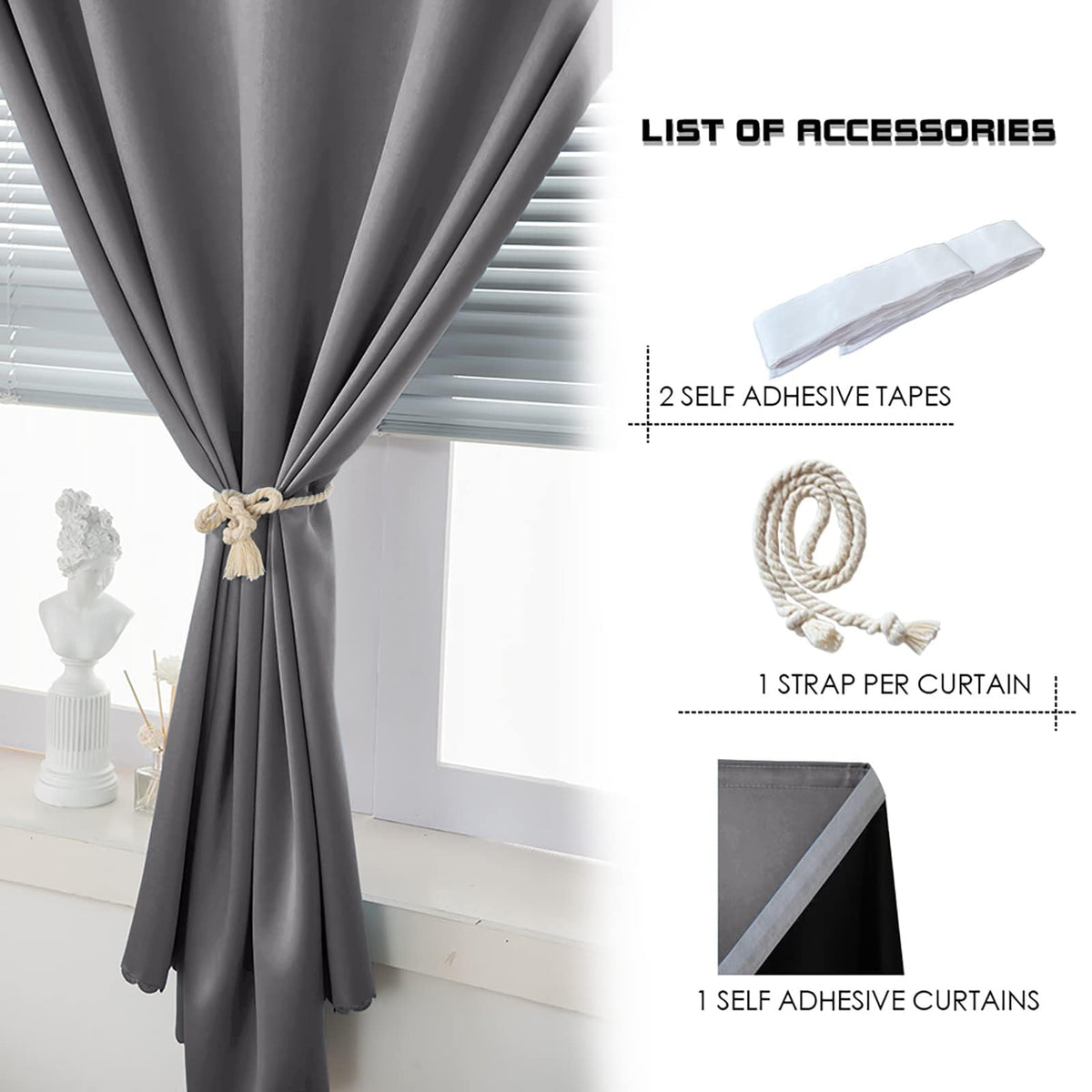 100% Blackout Stick Curtain Portable Black Out Curtains Adhesive Curtains for Bedroom Living Room No Drilling (Dark Grey/ Thickened / 47"W x 59"L (Pack of 1))
