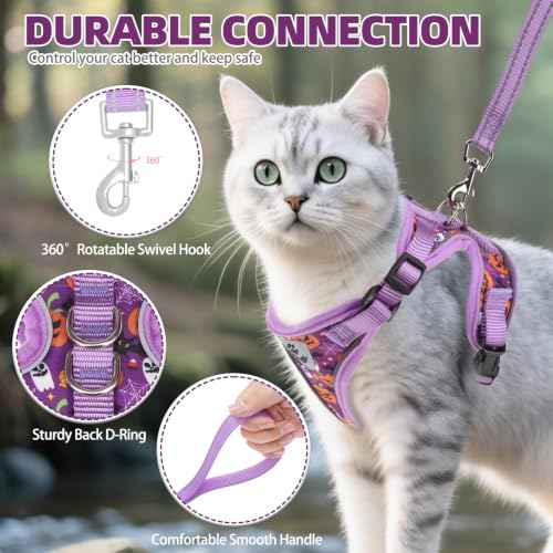 Halloween Cat Harness and Leash Set Escape Proof Reflective Cat Walking Harness Adjustable Soft Breathable Mesh Vest for Small Pets (S (NECK 9.5"-11", CHEST 13"-16") / Purple(Halloween))