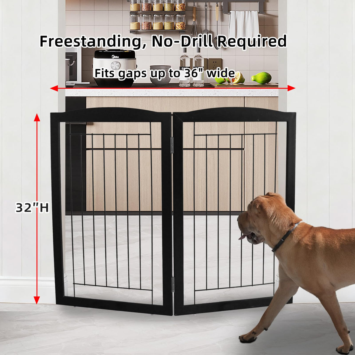 Freestanding Foldable Dog Gate for House Extra Wide Wooden Indoor Puppy Gate Stairs Doorways Pet Gate Tall Dog Fence 2 Panels Fence Black (Black / 【2 Panels】40''w x 32''h)