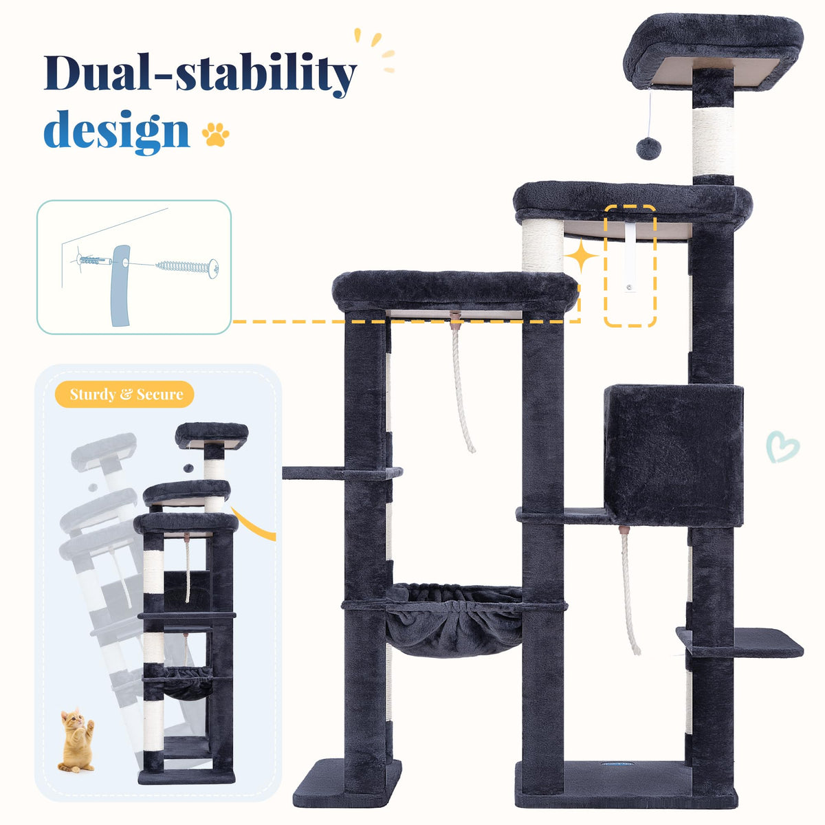 Cat Tree Tower with Stable Extended Base (Smoky Gray / 71.9 Inches)