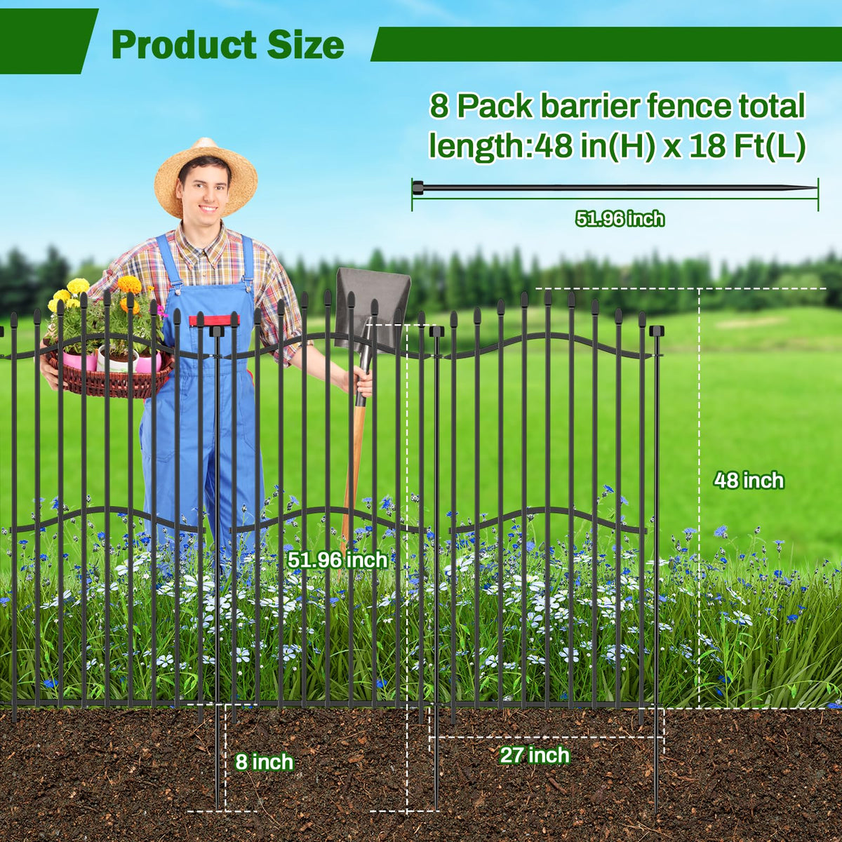 Metal Decorative Garden Fence 48" H x 18'L with Gate Yard Dog Panels (48 in(H) X 18 ft(L))