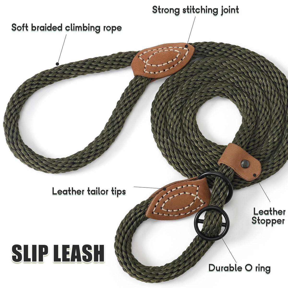 Heavy Duty Slip Lead No Pull Leash w Leather (Drak Green / 5 Feet)