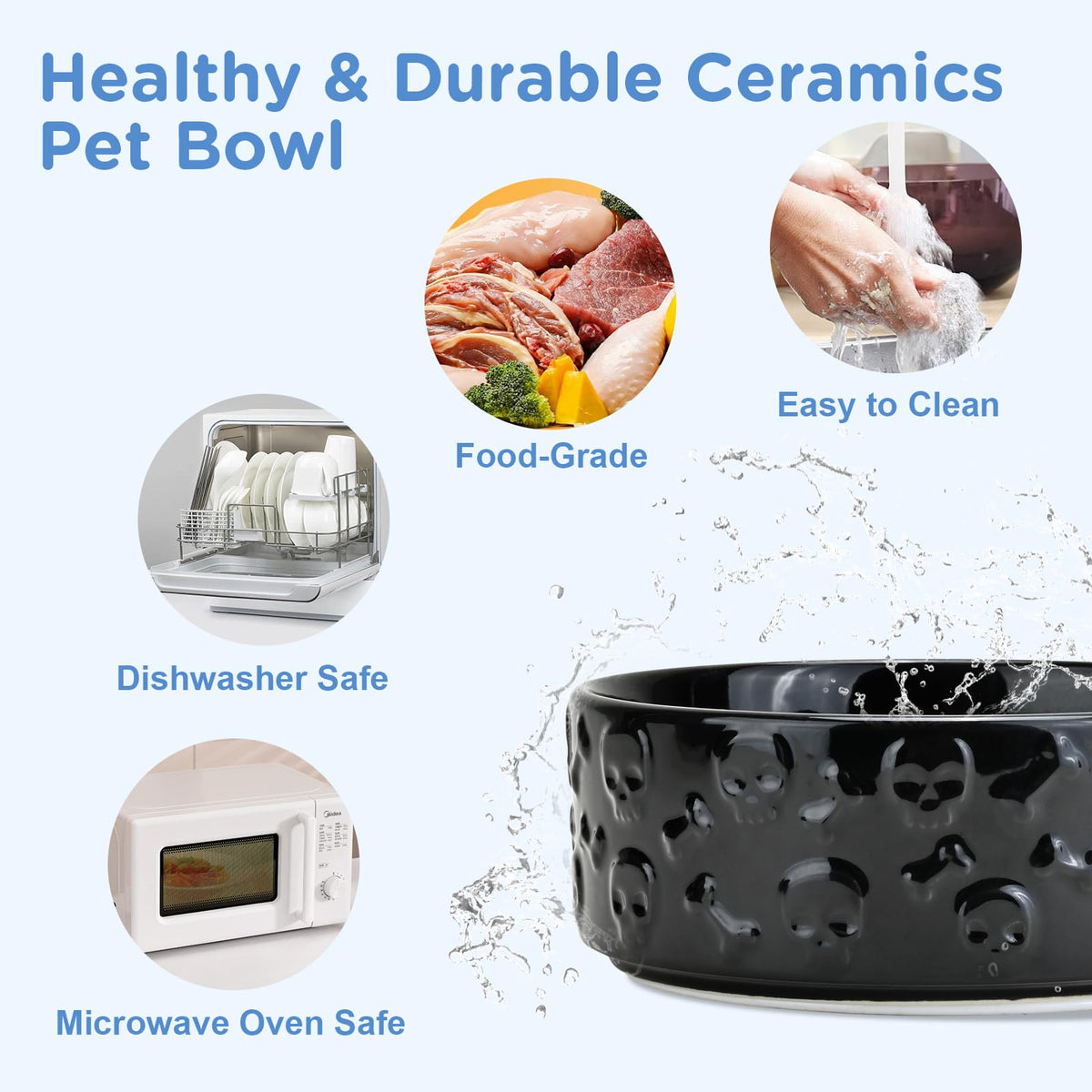 Elevated Dog Bowls Ceramic (8.3 in - 7.6 cups / Black- Skull)