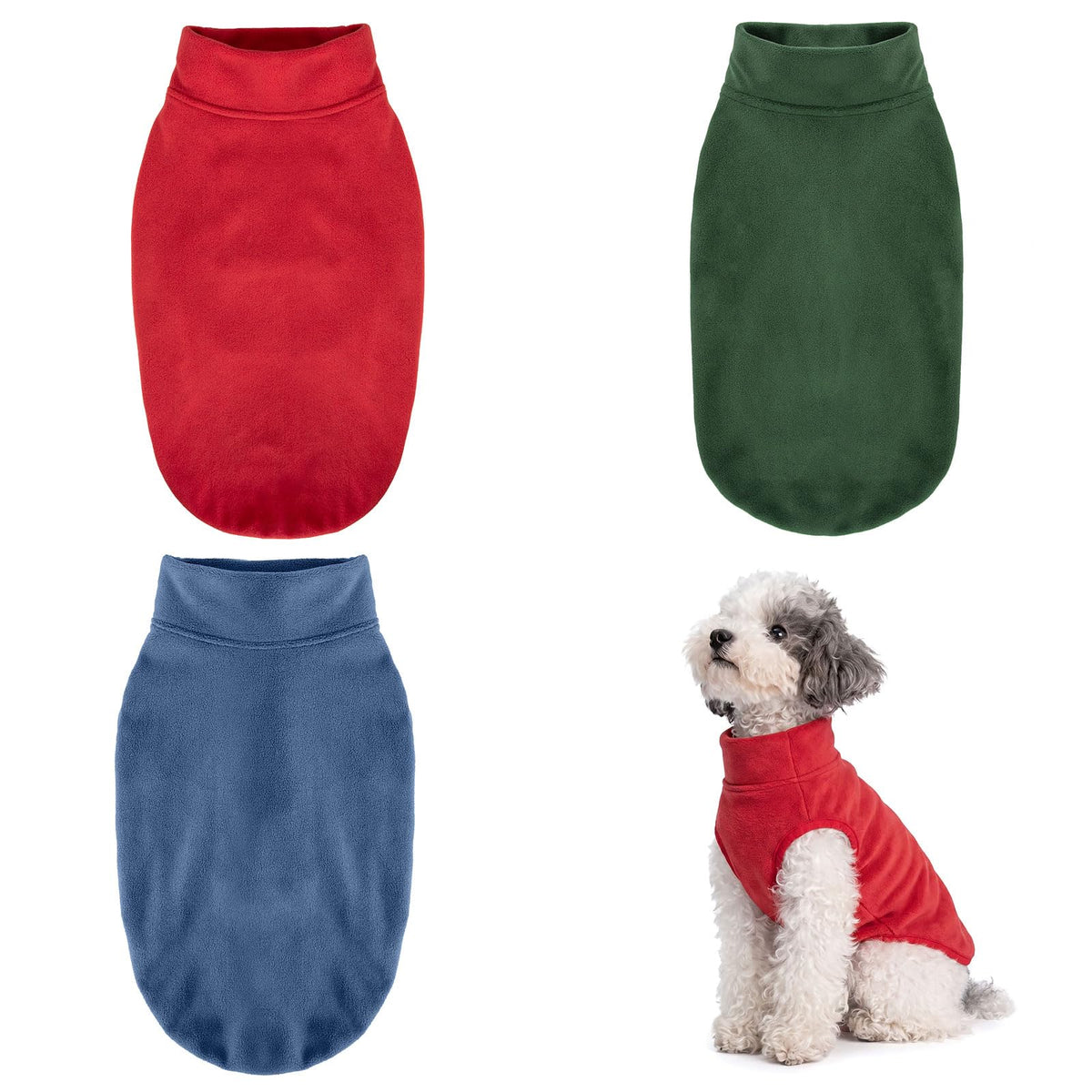 3 Pack Fleece Dog Sweaters for Small Dogs (Red+Green+Blue / Large)