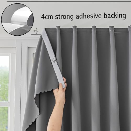 Magic Tape Stick on Curtains Blackout Curtains for Bedroom no Drillng Self Adhesive Curtain no Rod Small Window (Grey / 35"W x 40"L (Pack of 2))