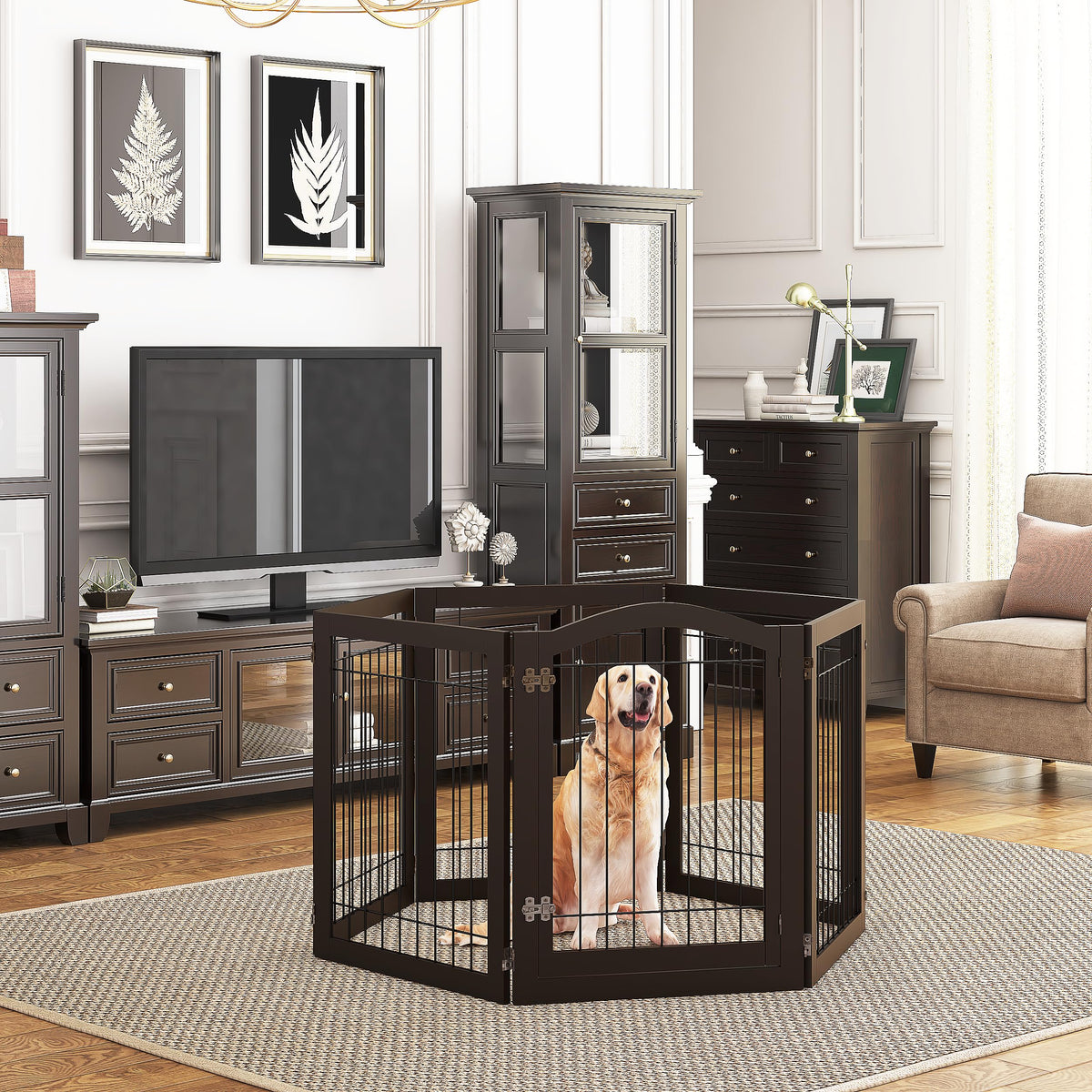 Dog Gate Indoor with Door (Espresso / 【6 Panels with Door】144"W x 32"H)