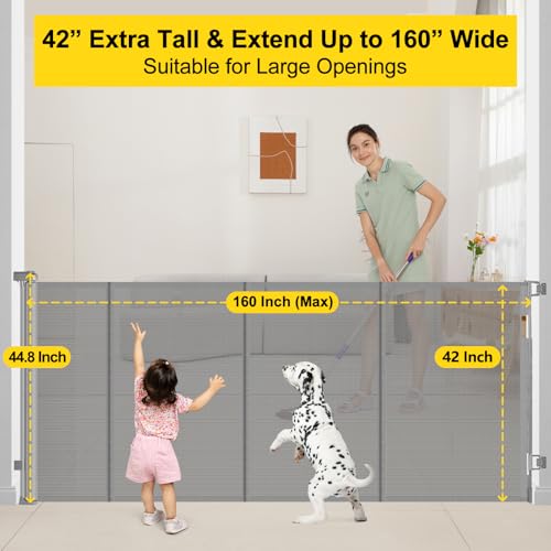 Reinforced 42” Tall x 160” Extra Wide Retractable Baby Gates with Rods (Gray / Reinforced 42" Tall X 160" Wide)