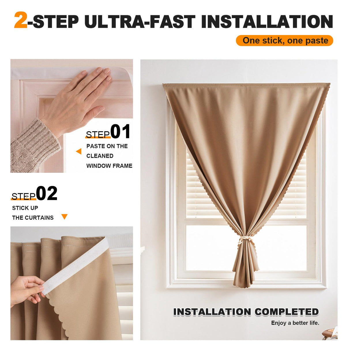 Self Adhesive Blackout Curtains (47"W x 71"L (Pack of 1) / Brown)