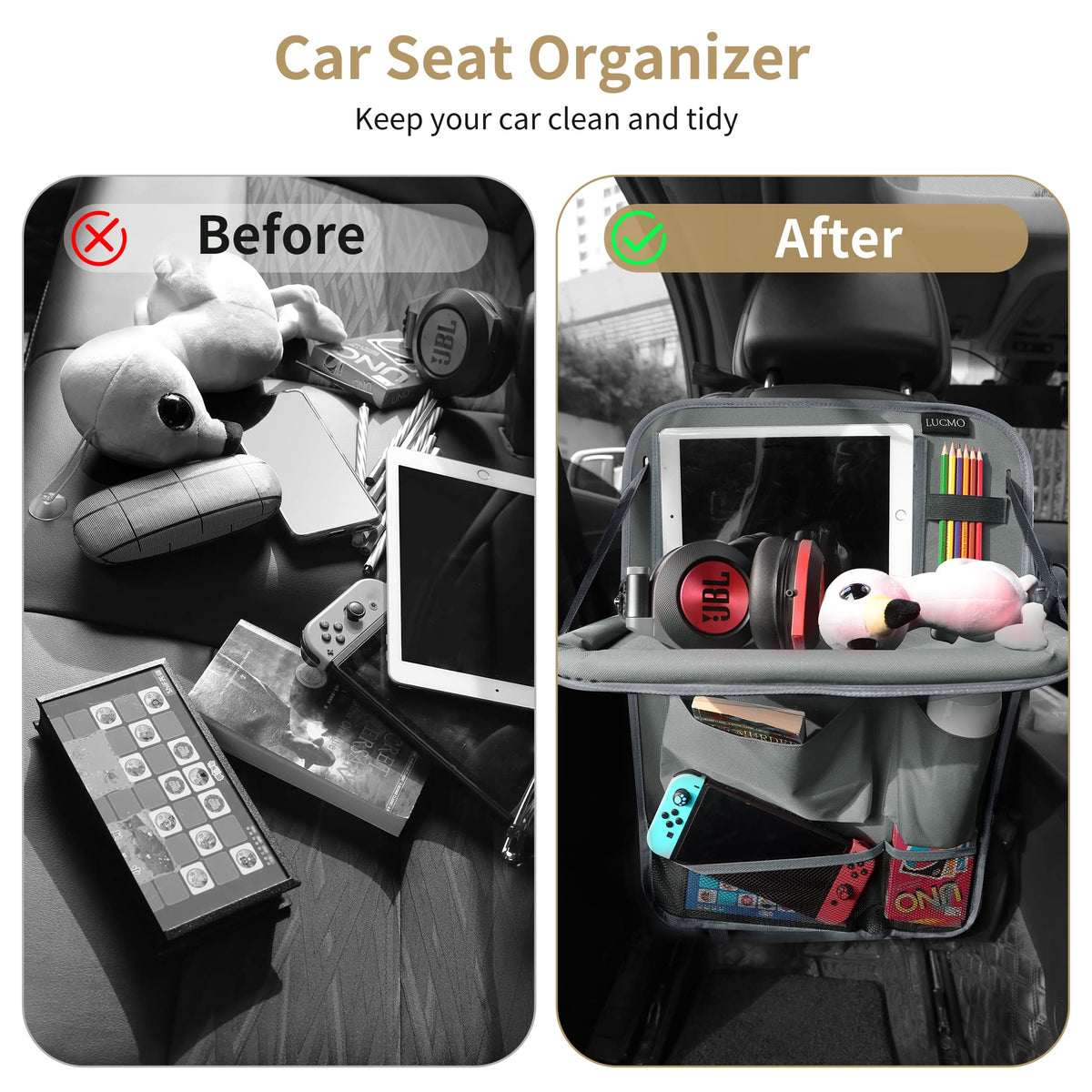 Car Backseat Organizer with Foldable Tablet Holder (Grey-2 / 1 Pack with Food Tray)