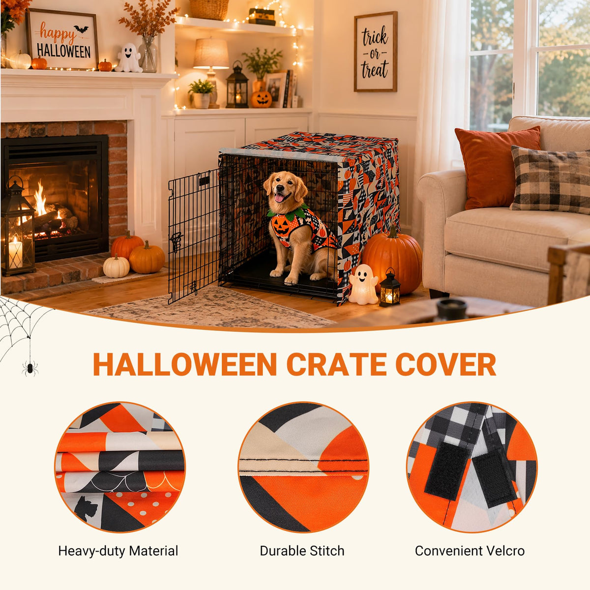 Halloween Pattern Dog Crate Cover (Orange Dog Grid / 48.0"L x 30.0"W x 33.0"H)
