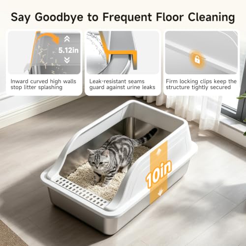 High Sided Stainless Steel XL Cat Litter Box for Cats (Grey XL)